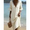Spring Summer Women's Casual Loose Solid Color Cotton Lace V-neck Dress Leisure Trade