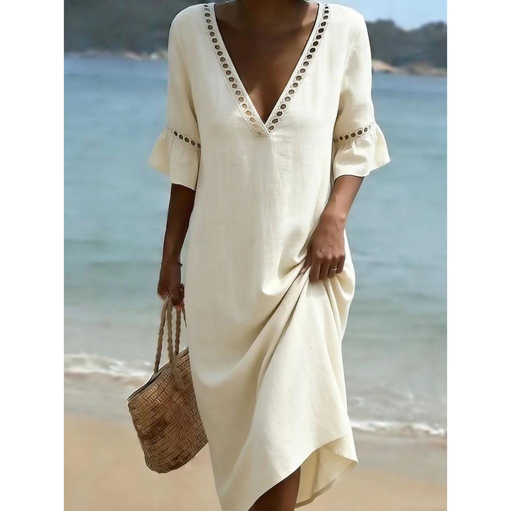 Spring Summer Women's Casual Loose Solid Color Cotton Lace V-neck Dress Leisure Trade