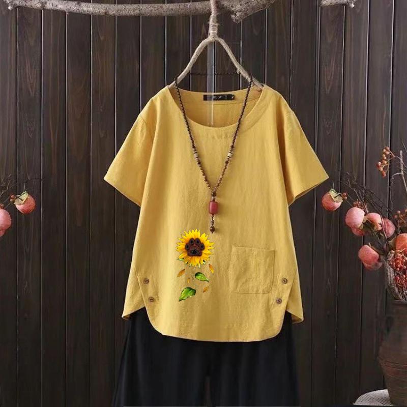Moda Donna Girasole Stampato Estiva Casual Larga Manica Corta T-shirt Bluse Estive Top