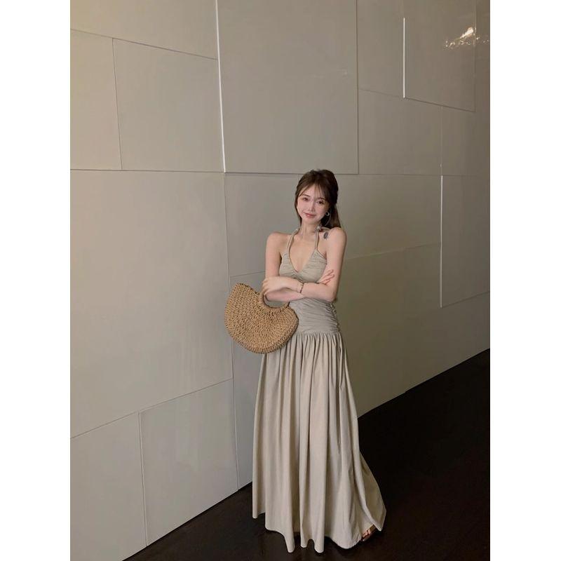 Kumikumi Gyaru Style Gray Niche Chic Pleat Hanging Neck Dress Women Summer Waist Hugging Slimming A- Line Skirt