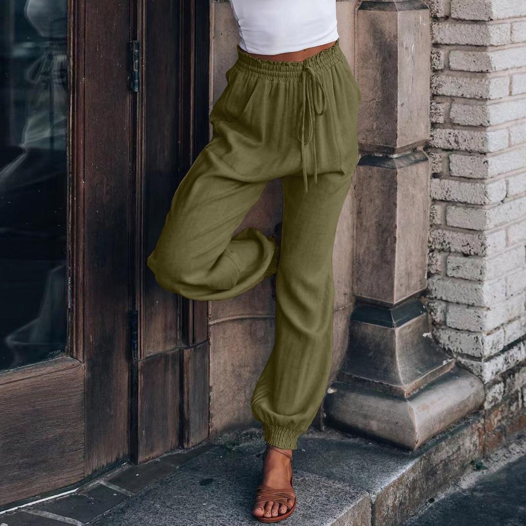 Women's Solid Color Comfortable Casual Pants Fashion Drawstring Elastic Waist Loose Belt Front And Back Pockets Pants