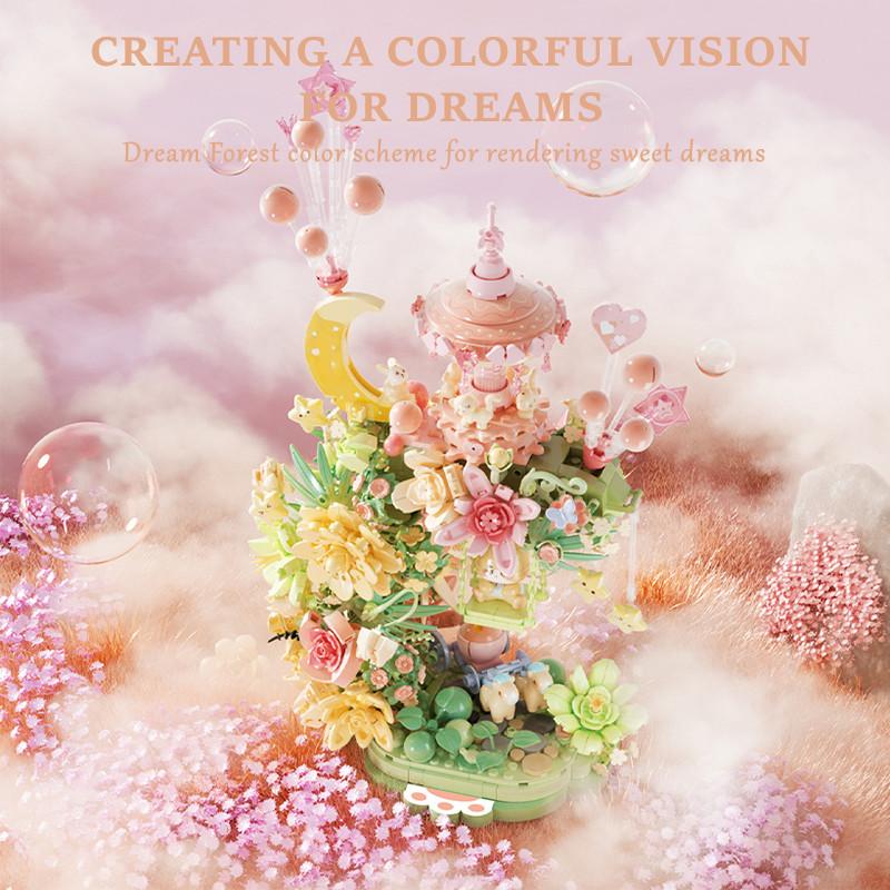 Non-Toxic 1300Pcs Dream Flowers Moon Music Box With Lighting Building Blocks Moc Cat Model Bricks Home Decoration Children Toys Holiday Gifts