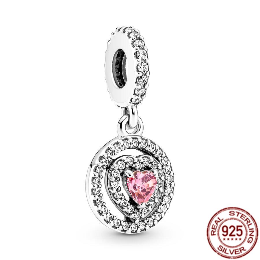 Fine S925 Sterling Silver Love You Mom Double Heart Split Dangle Charm Beads Fit Original  Bracelet DIY Women Jewelry Gift