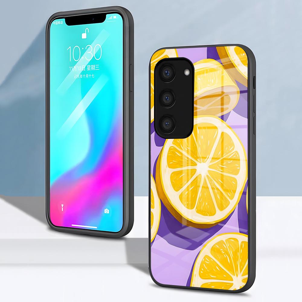 Fruit Lemon Phone Case For Samsung S26 S25 S24 FE S23 S22 S21 Plus S20 Ultra Note20Ultra Black Glass Cover