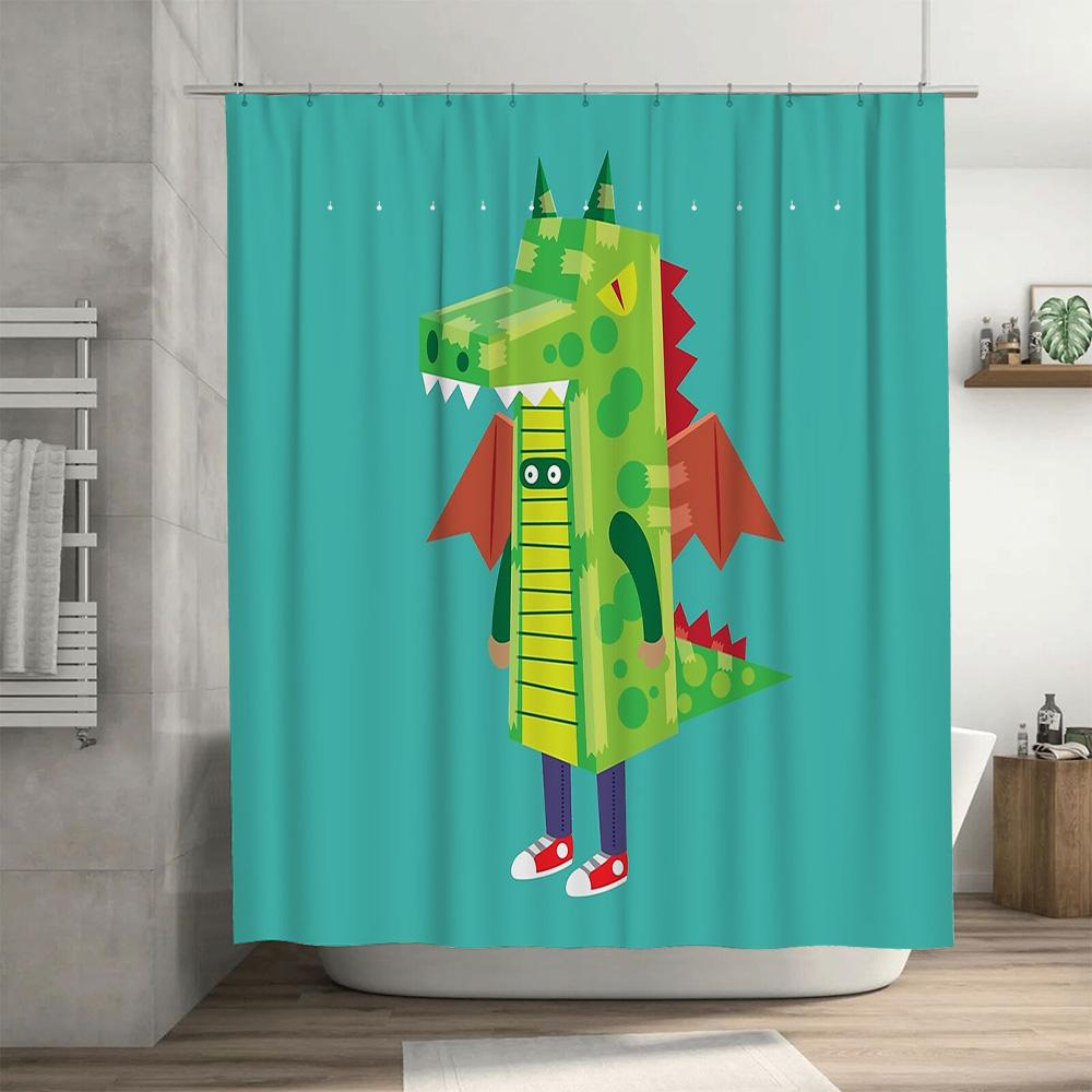 Cute Dragon Shower Curtain Kids Bathroom Decor Fantasy Anime Cartoon Patterned Backdrop Waterproof Fabric Panel