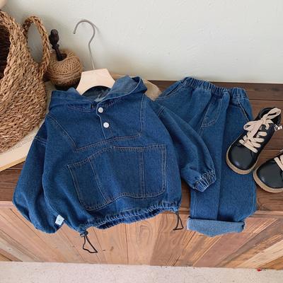 Roupa Infantil Primavera Outono Meninos Moletom com Capuz Jeans Calças de Manga Comprida Conjunto