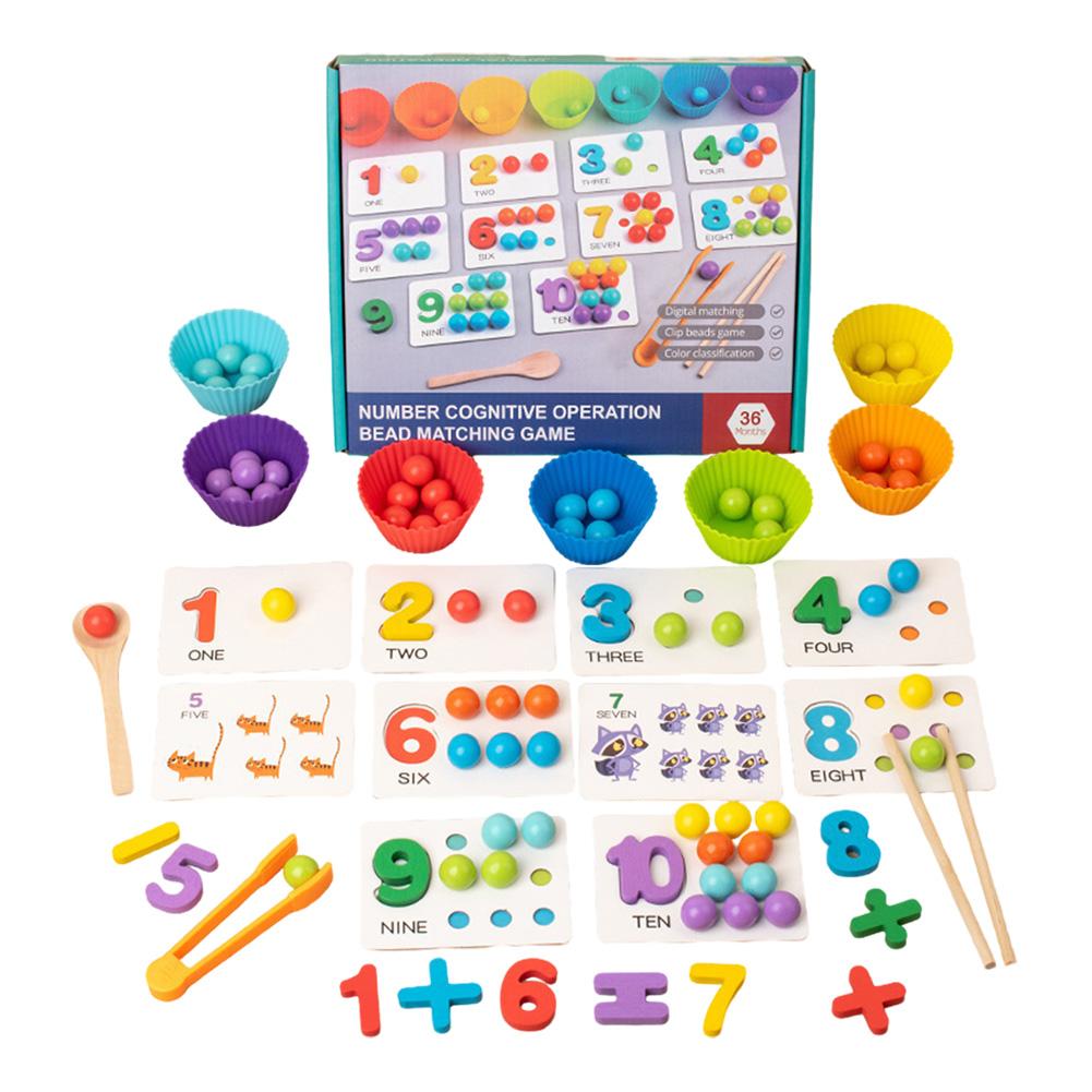 

Wooden Montessori Arithmetic Math Toy Set with Beads Chopsticks Spoon Baby Math Teaching Toy Daily Number Match Toy for Children