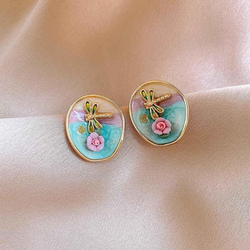 Monet garden oil painting style flower pearl earrings light luxury stud earrings French sweet small fresh earrings women