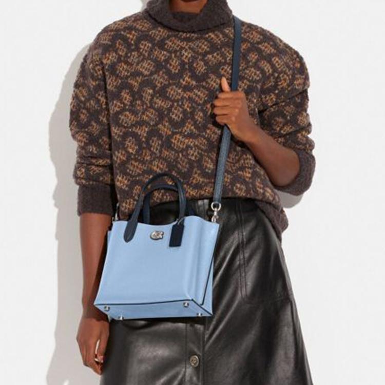 Coach Willow 24 Twist Lock Magnetic Closure Pebbled Leather Tote Bag Women Tote Light-Blue C8561-LHPQM