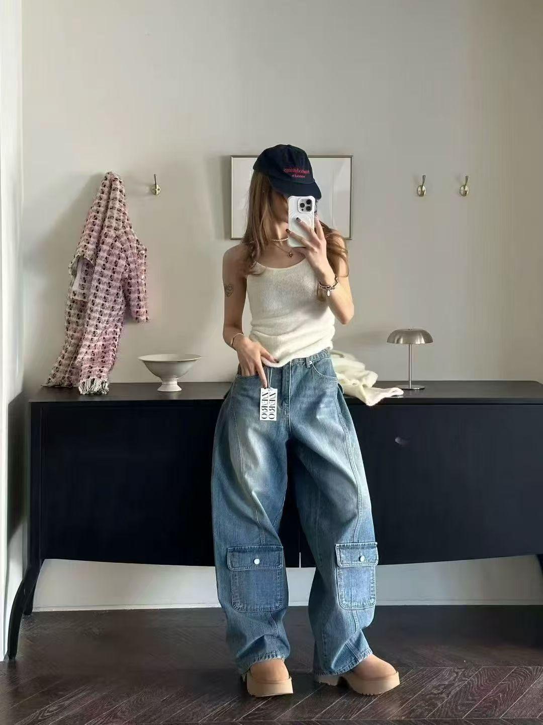 Korean Women s High-Waisted Slimming Blue Cargo Jeans - 2025 Winter Collection S (40-50kg)
