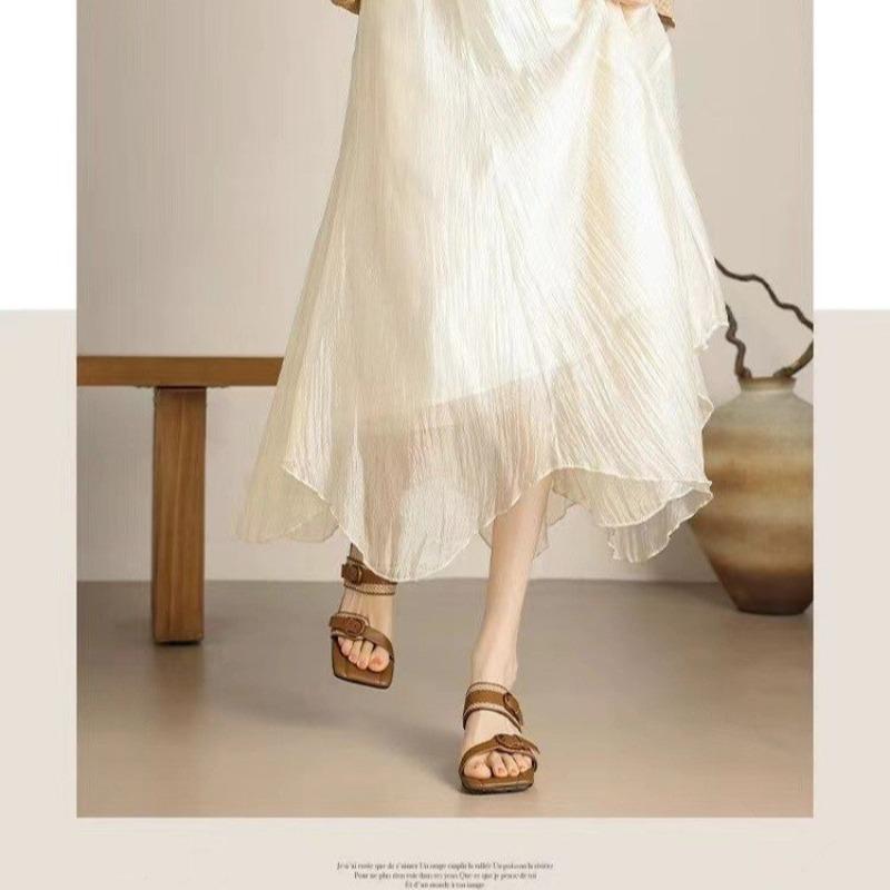 2024 Fashion Strange Style High Heels Slides Women Buckle Straps Slippers Summer Shoes Open Toe Beige