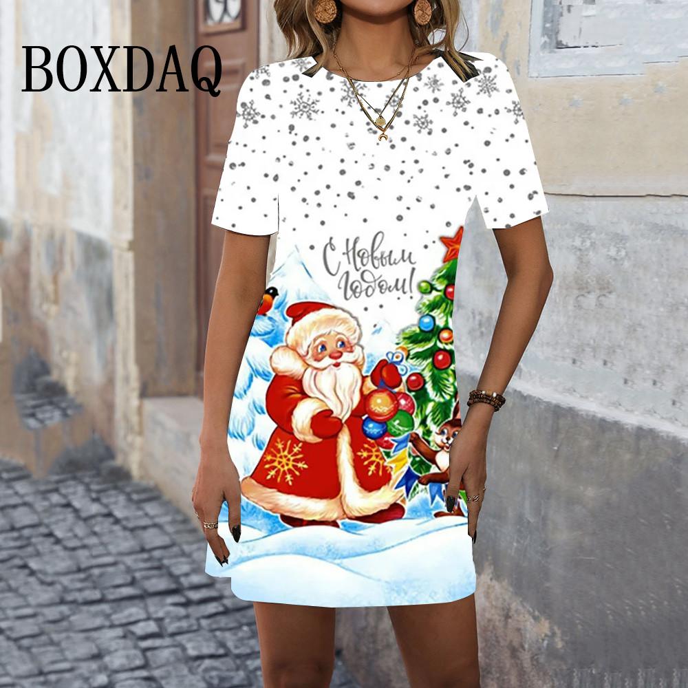 Summer Ladies Santa 3D Printed Short Sleeve Crew Neck Dress