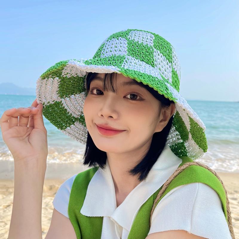 

Summer Hat Women Wide Brim Plaid Bucket Hat Fisherman Cap Sunscreen Sun Protection Hat Seaside Foldable Sunhat New 56-58CM зелений