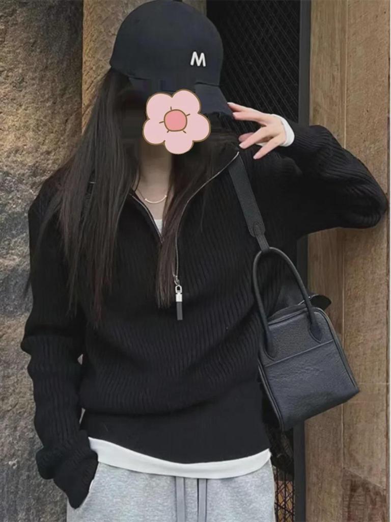 Women's Half-Zip Turtleneck Sweater, Stylish Gray Knit for Autumn/Winter, Age-Defying Top