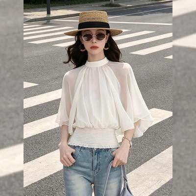 Blusa Elegante Francese con Maniche a Mantella e Cintura in Vita