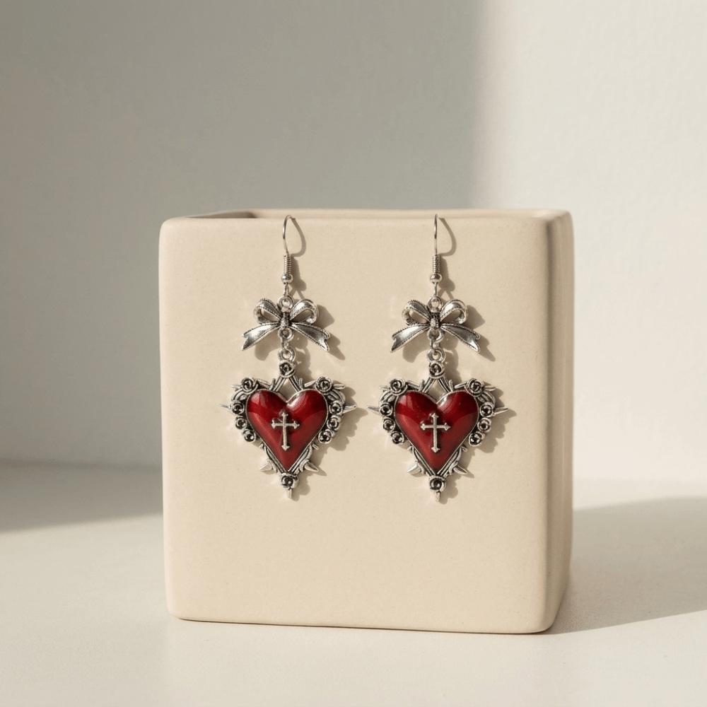 Bow Heart Cross Earrings Red Enamel Halloween Dangle Earrings Thorn Rose Drop Earrings Women