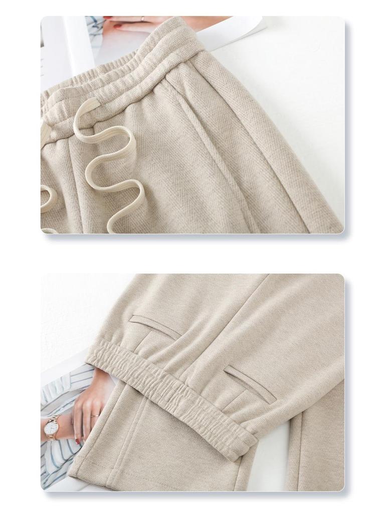 Beige Herringbone Wool Trousers - Women's 2024 Autumn/Winter Narrow Straight-Leg Casual Pants