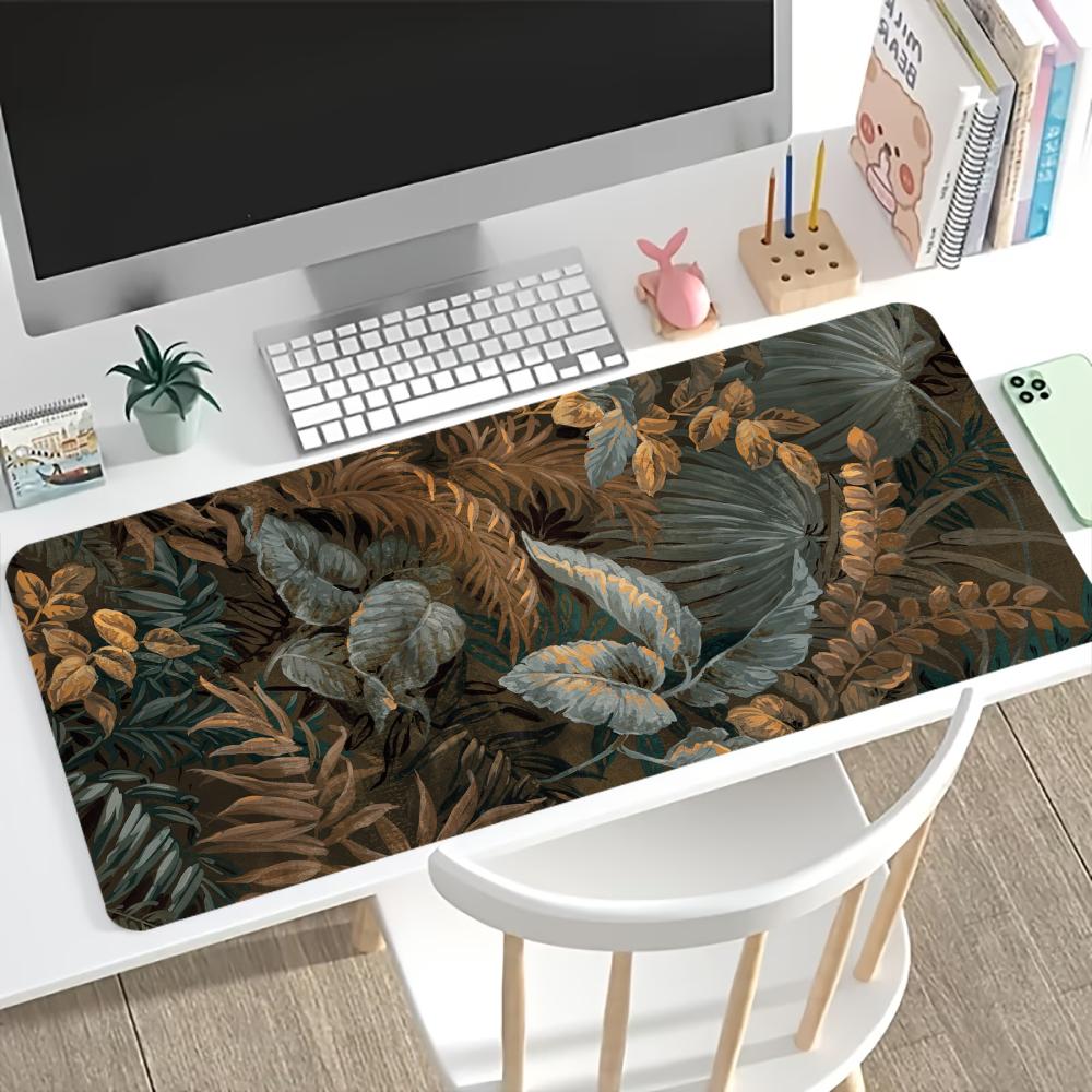 Non Slip Rubber Keyboard Desk Mat Tropical Golden Green Leaves Large Extended Gaming Mouse Pad Smooth Surface For Laptop