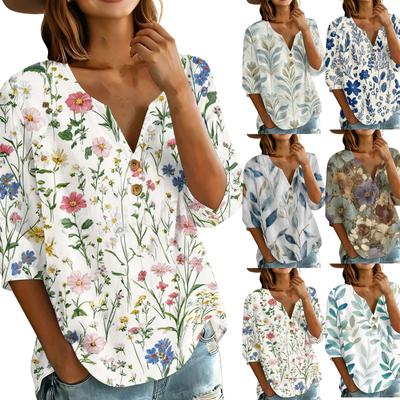 Women Henley Neck Button Front Cotton Linen Shirt with Leaf Print Three Quarter Sleeves Relaxed Fit Blouse Top