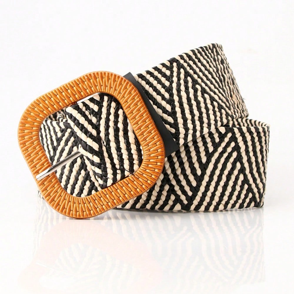 Women's Simple Versatile Round Buckle Belt Mori Women's Elastic Woven Elastic Dress Decorative Belt