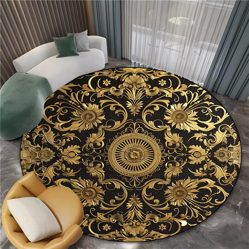 Goldene Runde Große Teppiche für Schlafzimmerdekoration Luxuriöse Rutschfeste Weiche Bodenmatten Waschbare Stuhlmatten Wohnzimmerteppich