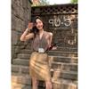Hong Kong style retro high-end brown V-neck linen knitted vest women's summer thin outer wear sleeveless temperament top
