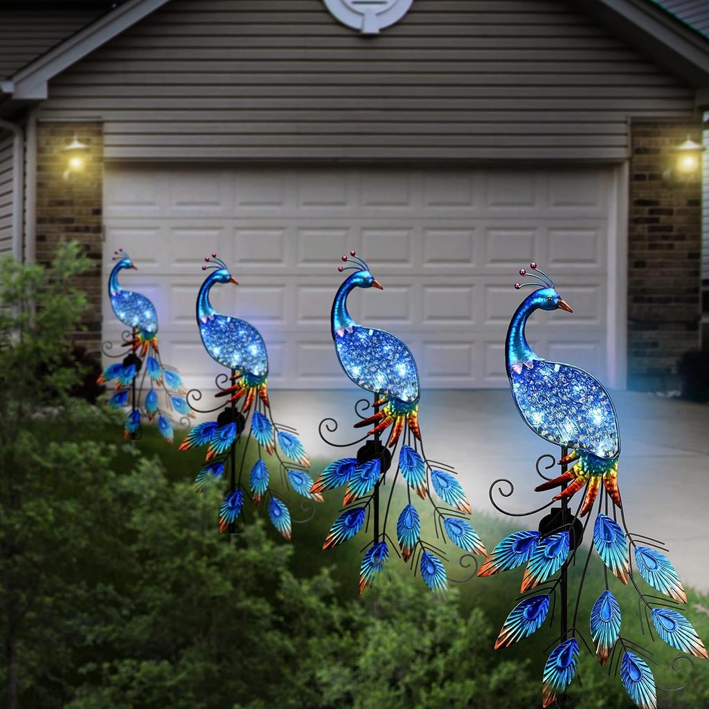 Blue Peacock Solar Light, 40' Glass Garden Decor Outdoor Stake for Lawn, Patio, Gift for Mom