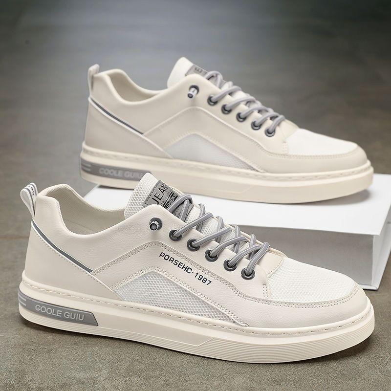 Men's Spring-Summer Breathable Hollow Mesh Casual Lightweight Board Shoes, Versatile Trendy White Footwear For Students.