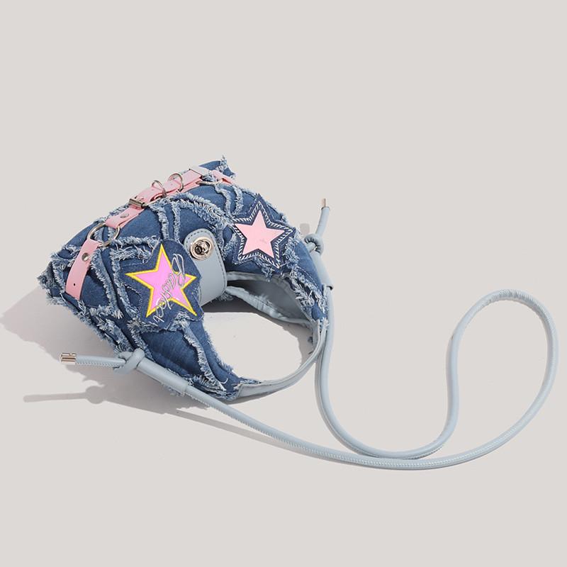 Denim Moon Bag For Women With Puncture Design And Star Punk Style For Daily Use