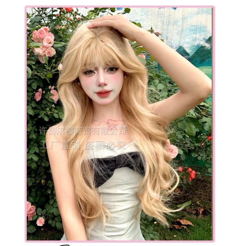Damen Lang Wellig Perücke Täglich Natürlich Weißblond Vollkopfkappe Mit Pony Internet-Berühmtheit