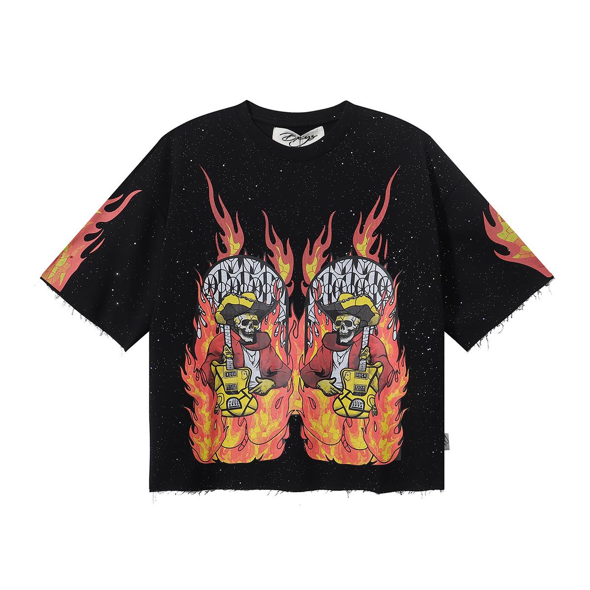 

2026 Summer Men s Oversize T-Shirt, Flame Skull Guitar Print Rock Street Dark Short Sleeve Tee S