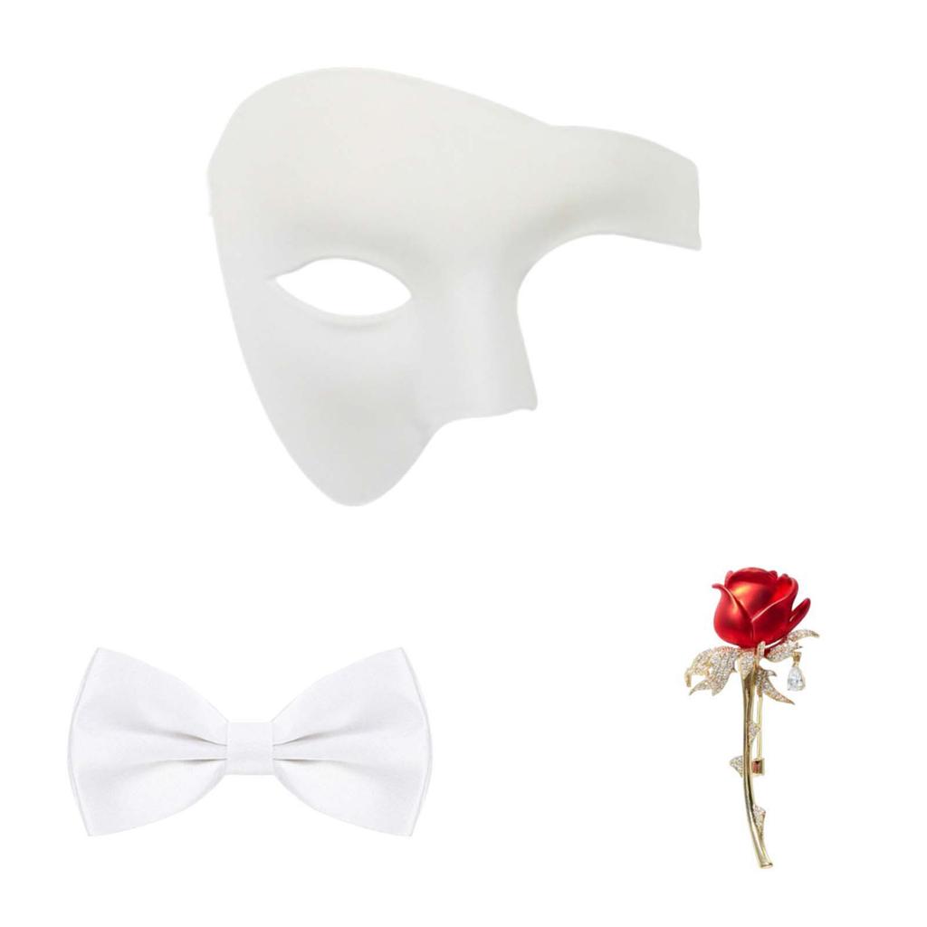 Half Face Set with Tie and Brooch Pin for Halloween Masquerade Party Costume