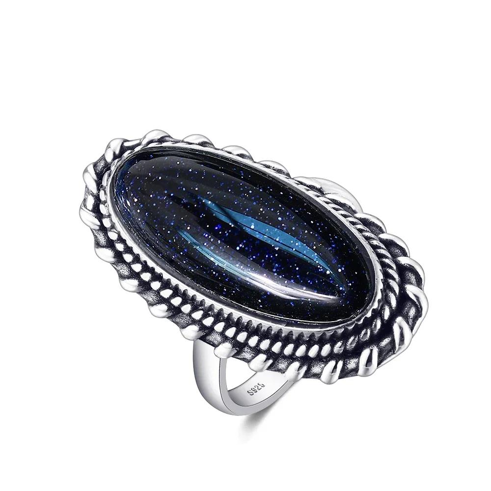 Retro Silberring Vintage Blaues Sandstein Großer Stein Luxuriöser Eleganter Ring Feines Geschenk Ringe für Damen Herren