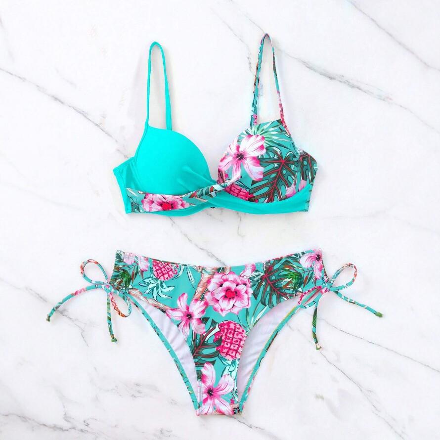 New printed split bikini sexy strap swimsuit ins wind pure desire beach swimsuit