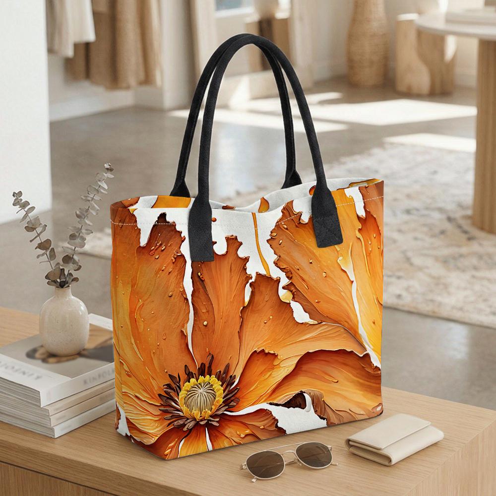 Orange Floral Print Tote Bag Casual Large Capacity Handbag for Daily Use