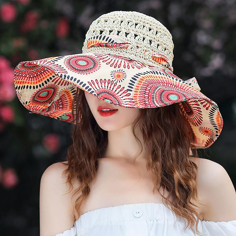 Wide Brim    Design Flower Big Beach Hat Foldable Brimmed Sun Hat Summer Hats For Women Uv Protection Fisherman Cap