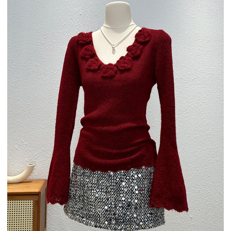 Three-dimensional Flower Knitted Sweater Autumn and Winter New Horn Sleeve Design New Niche Crochet V-neck Bottoming Sweater