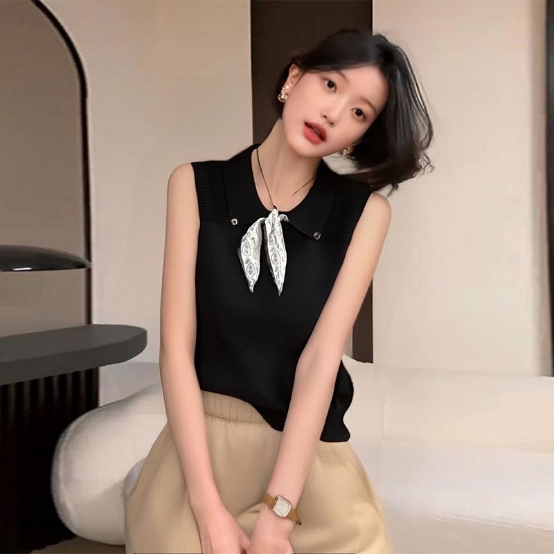 Fashionable And Casual Contrasting Navy Collar Knotted Sweet Loose Sleeveless Vest