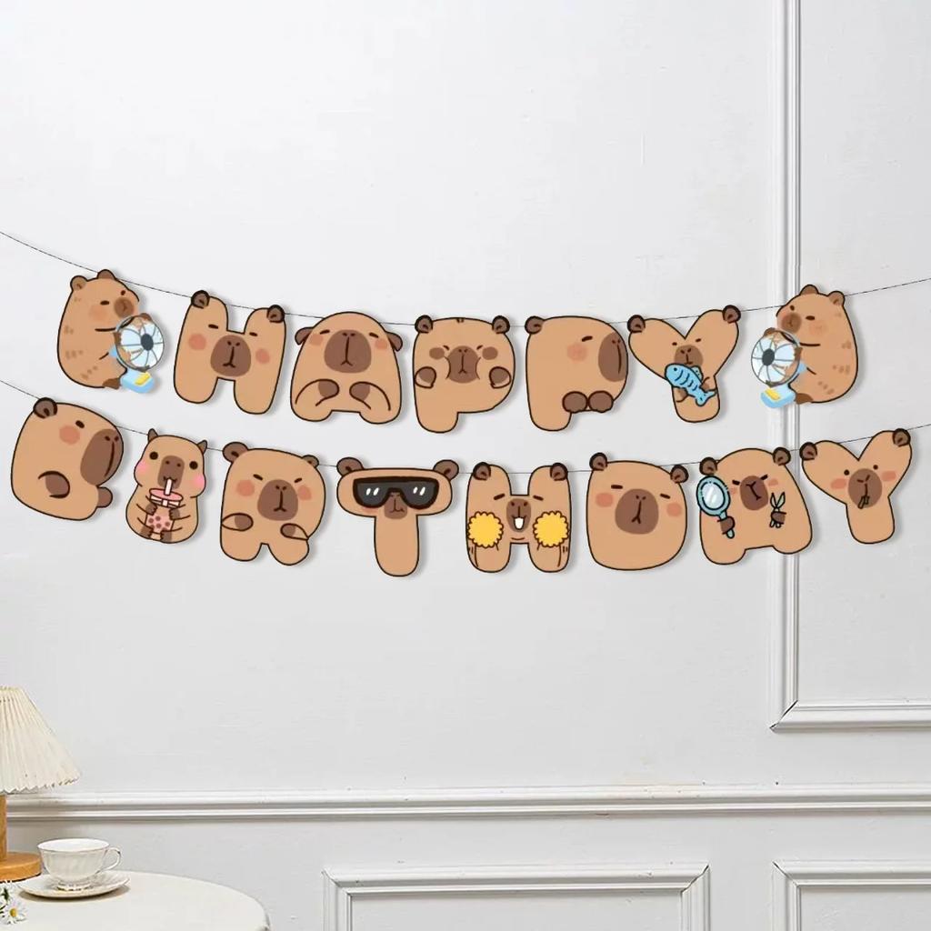 1set Cartoon Kapibala Happy Birthday Banner Capybara Hanging Garland for Kids Birthday Baby Shower Party Background Decor Party