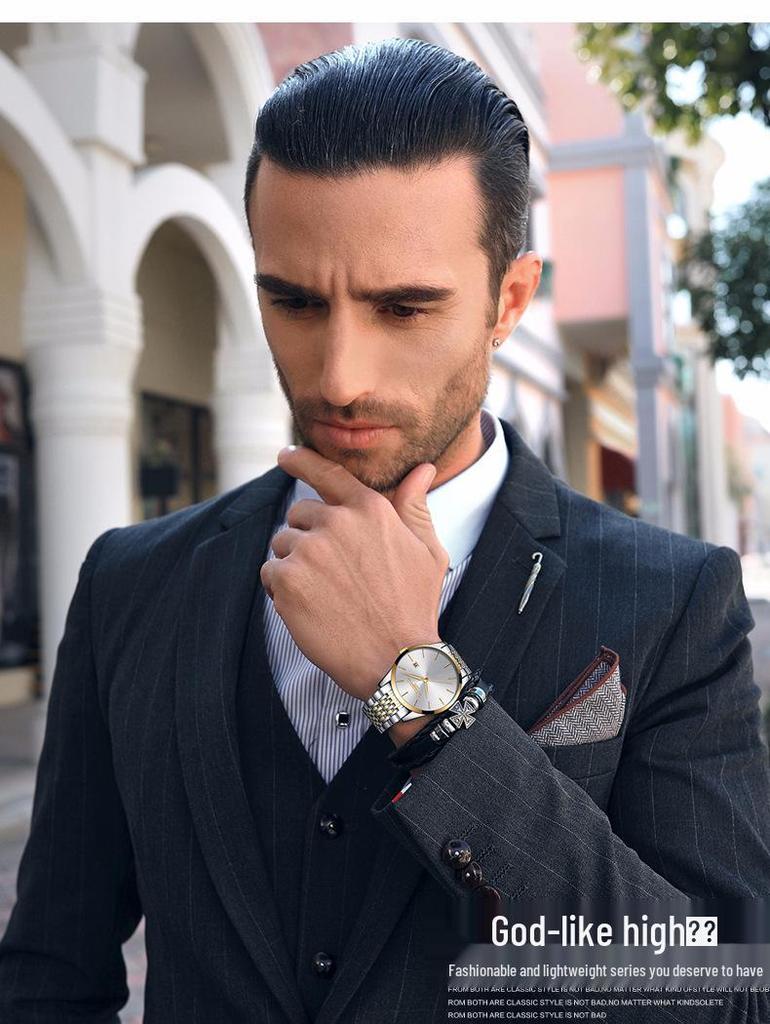 Men's Hong Kong-Style Ultra-Thin Quartz Wristwatch with Steel Band and Calendar