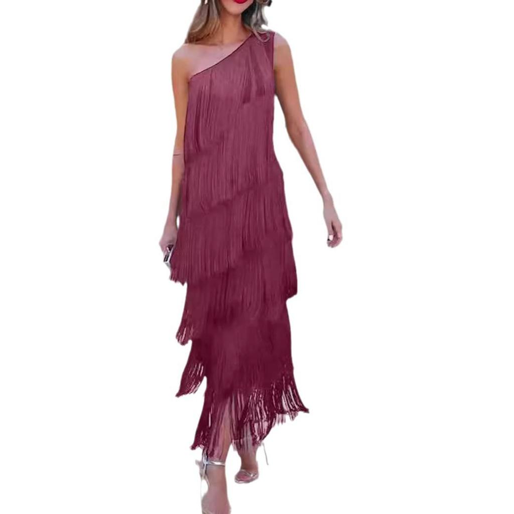  Spring/Summer Asymmetric Tassel Evening Dress - European & American Fashion