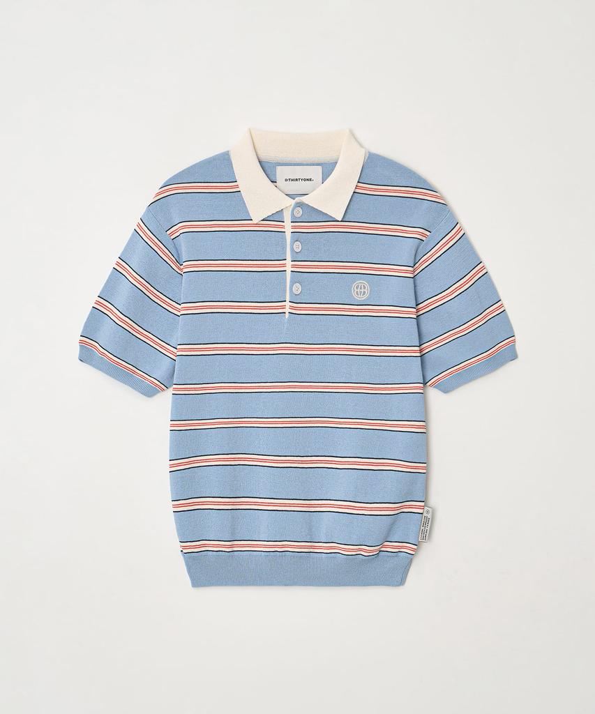 DTHIRTYONE Color Striped Short Sleeve Collared Knit (Blue)