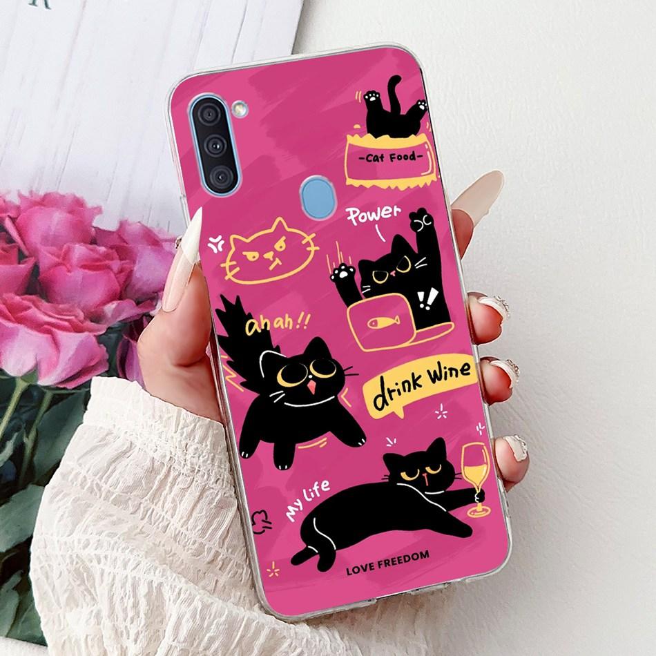 For Samsung Galaxy A11 M11 Phone Case Samsung A11 M11 A115F M115F Elegant Floral Cat Painted Soft Silicone Transparent TPU Cases