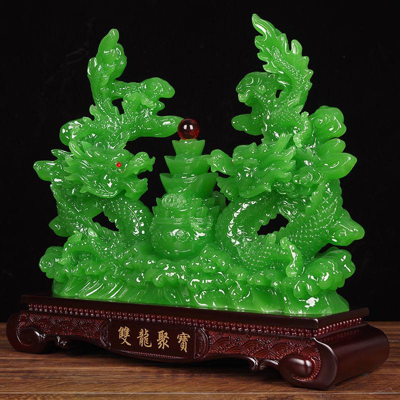Fengshui Zhaocai Double Dragon Treasure Pot Brings Wealth Green Dragon Decoration Living Room Office Decoration