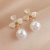 Korean Fashion Pearl & Cat's Eye Silver Flower Stud Earrings