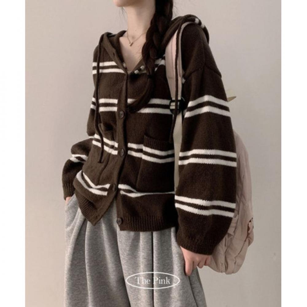 The Pink Oversized Stripe Hoodie Knit Cardigan