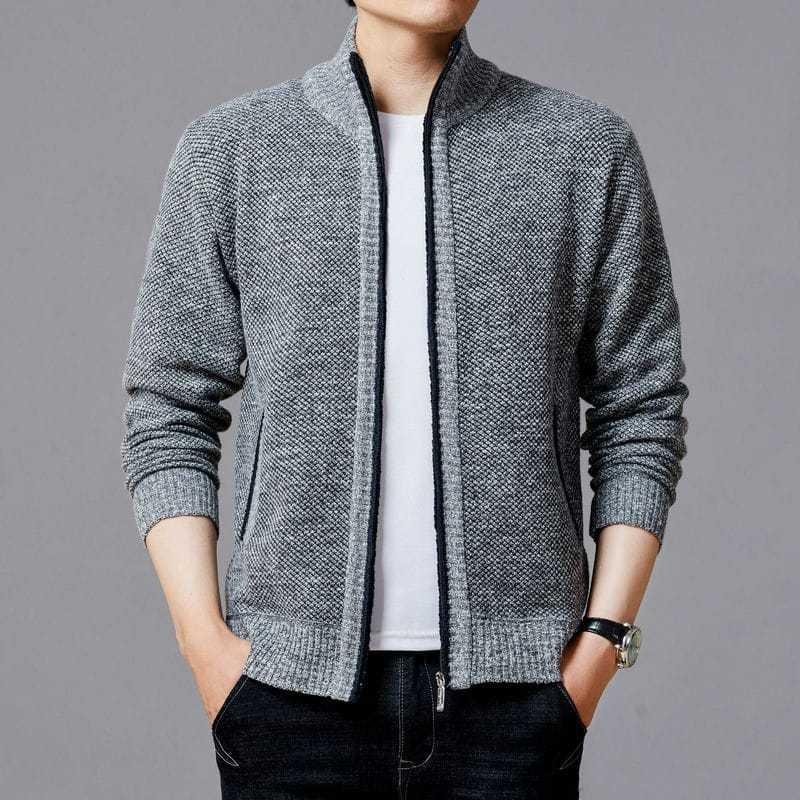 Mens Stand Collar Fleece Lined Solid Loose Knit Zip Up Long Sleeve Sweater Cardigan Coat