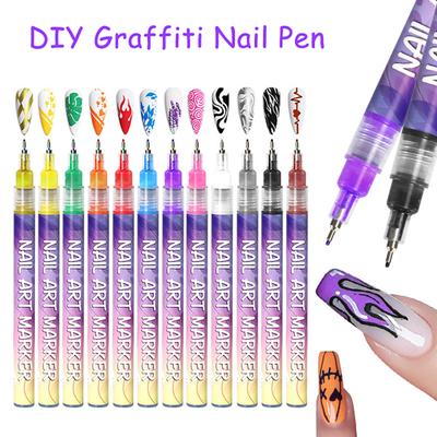 12 ks nehtové graffiti pera s ultra tenkým hrotem, manikúrní fix, DIY nehtové vzory, vodotěsné gelové pero, nástroj pro nehtové umělce