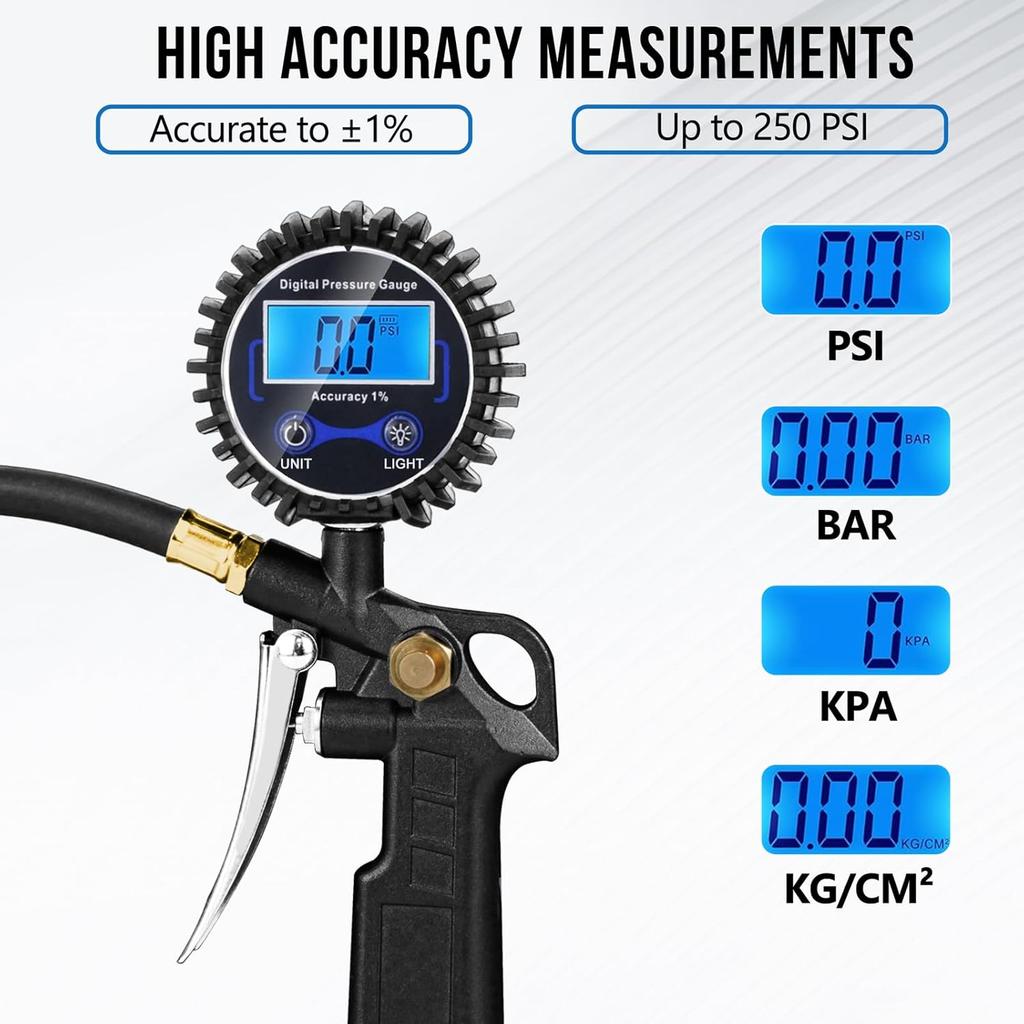 Digital Tire Pressure Gauge with Inflator, 3-250 PSI Air Compressor Accessories with Air Chuck Quick Connect Coupler, Car Attachments with Rubber