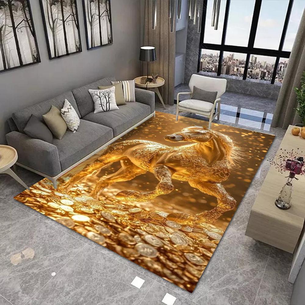 Golden Horse Printing Large Area Rug Non-Slip Wear-resistant Carpet for Living Room Bedroom Soft Floor Mat Home Decor Fashion
